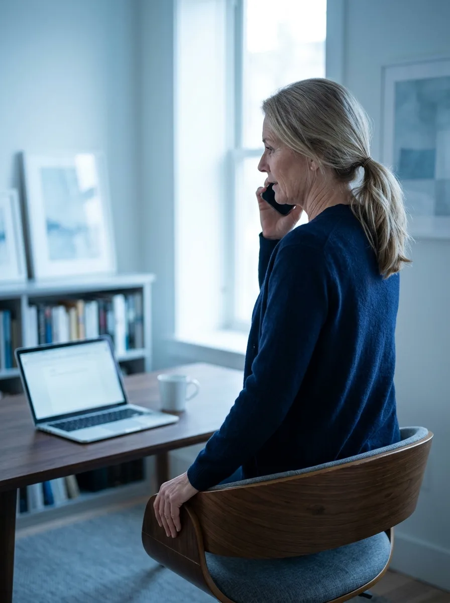 Claire, cinquantenaire au phénotype européen, debout au téléphone près de son bureau home-office bleuté.