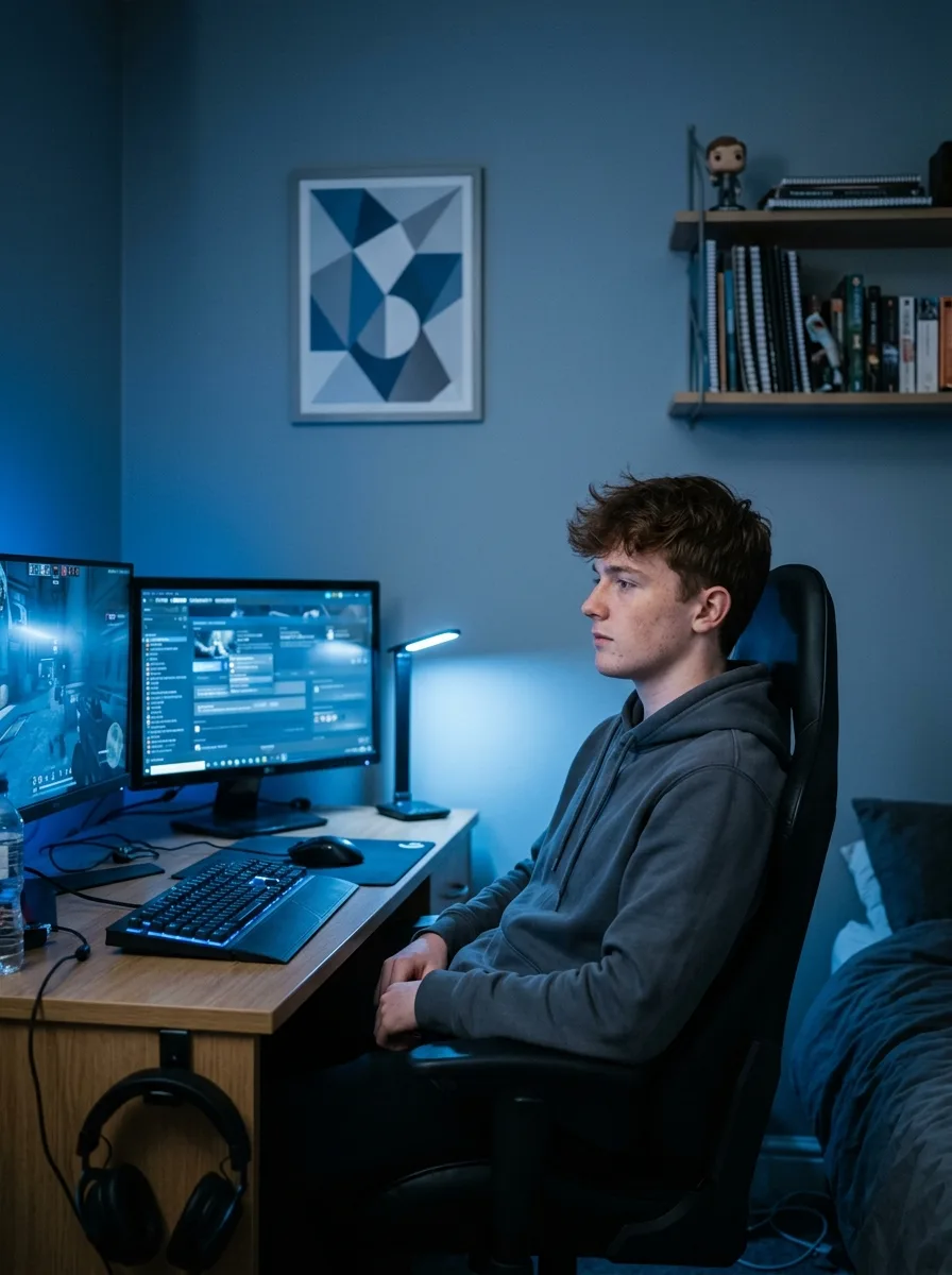 Lucas, jeune étudiant au phénotype européen, dans sa chambre étudiante face à son setup gaming.